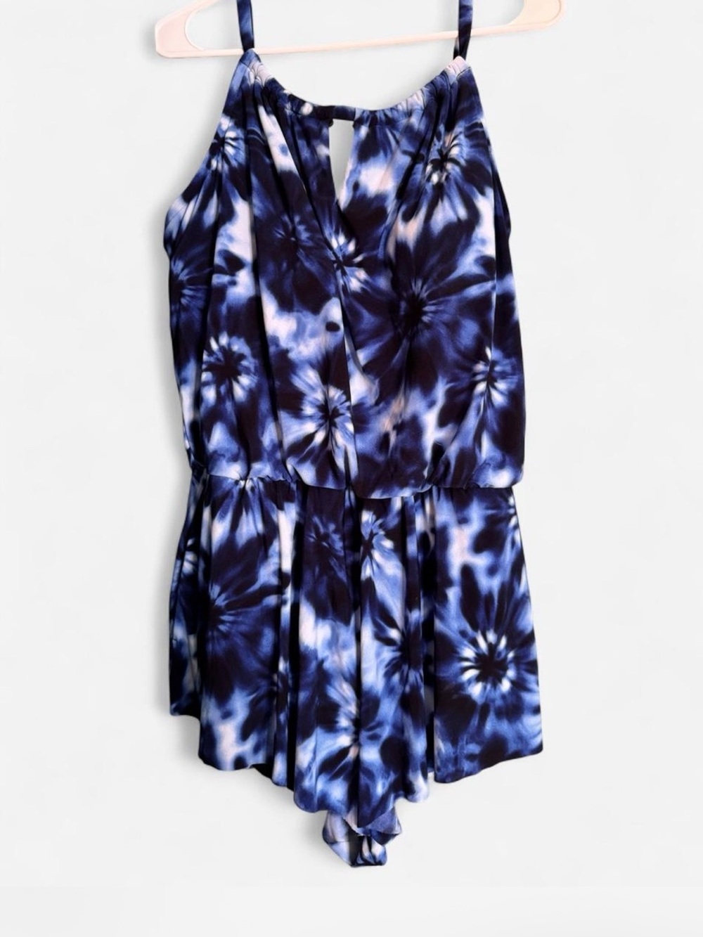 Women’s Navy and White Tie-Dye One-Piece Swim Romper with pockets